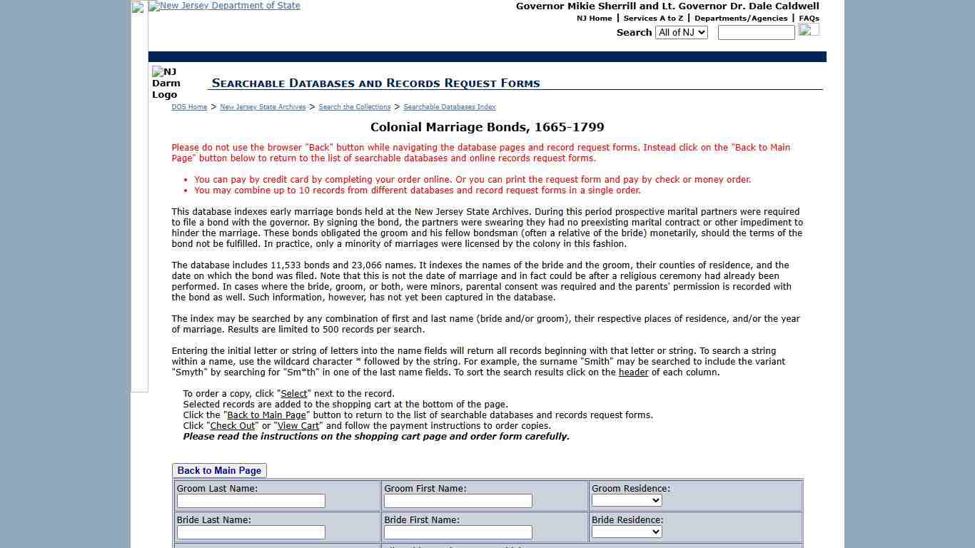 - Colonial Marriage Bonds, 1665-1799 - Index to New Jersey Marriages recorded in the pre-revolutionary period, and the period during and immediately after the American Revolution. 17th Century and 18th Century Vital Records and Genealogy, New Jersey History, Historical marriages, New Jersey State Archives