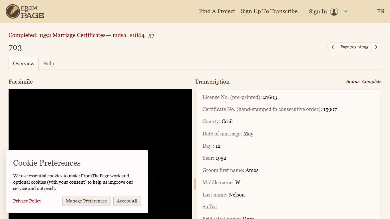 703 - mdsa_s1864_57 - Completed: 1952 Marriage Certificates703 (Completed: 1952 Marriage Certificates, mdsa_s1864_57) FromThePage