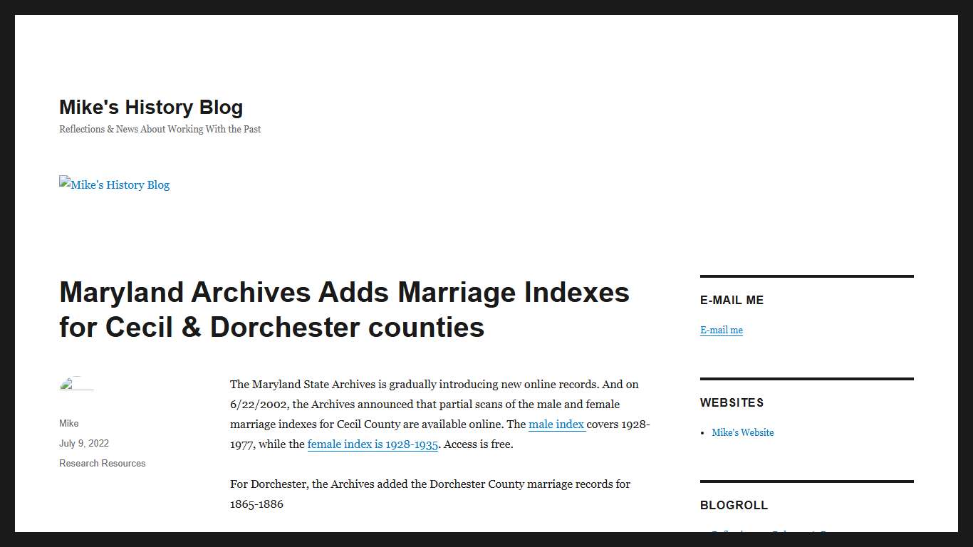 Maryland Archives Adds Marriage Indexes for Cecil & Dorchester counties - Mike's History Blog